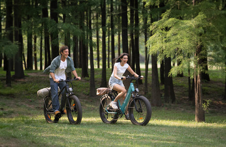 two people riding step-thru and step-over engwe e26 e-bikes on the grass