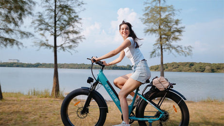 a girl riding an engwe e26 electric step through bike