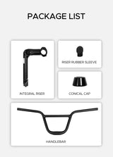 The package includes an integral riser, rubber sleeve,  conical cap and handlebar.